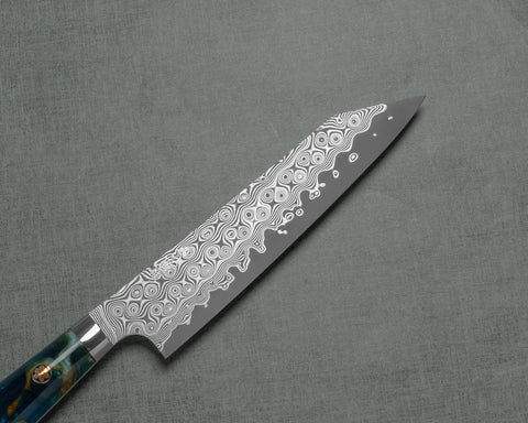 Nigara "Anmon" R2/SG2 49 Layers Kurosome Damascus 135mm Kiritsuke Petty with Stabilized Wood / Polished Ocean Blue Acrylic Handle