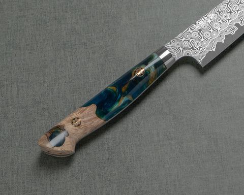 Nigara "Anmon" R2/SG2 49 Layers Kurosome Damascus 135mm Kiritsuke Petty with Stabilized Wood / Polished Ocean Blue Acrylic Handle
