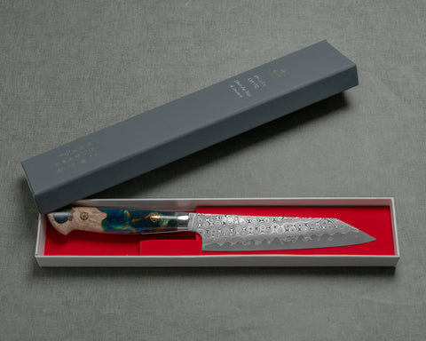 Nigara "Anmon" R2/SG2 49 Layers Kurosome Damascus 135mm Kiritsuke Petty with Stabilized Wood / Polished Ocean Blue Acrylic Handle