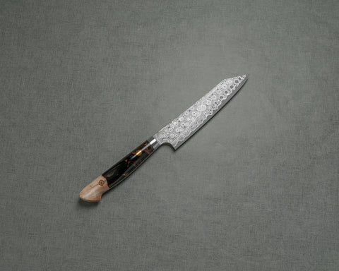 Nigara "Anmon" R2/SG2 49 Layers Kurosome Damascus 135mm Kiritsuke Petty with Stabilized Wood / Polished Tigereye Acrylic Handle