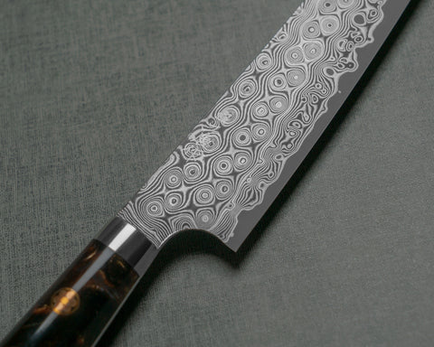 Nigara "Anmon" R2/SG2 49 Layers Kurosome Damascus 135mm Kiritsuke Petty with Stabilized Wood / Polished Tigereye Acrylic Handle