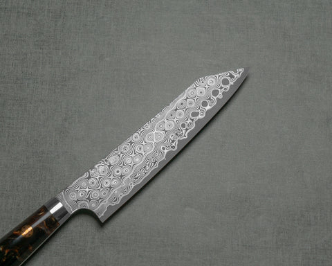 Nigara "Anmon" R2/SG2 49 Layers Kurosome Damascus 135mm Kiritsuke Petty with Stabilized Wood / Polished Tigereye Acrylic Handle
