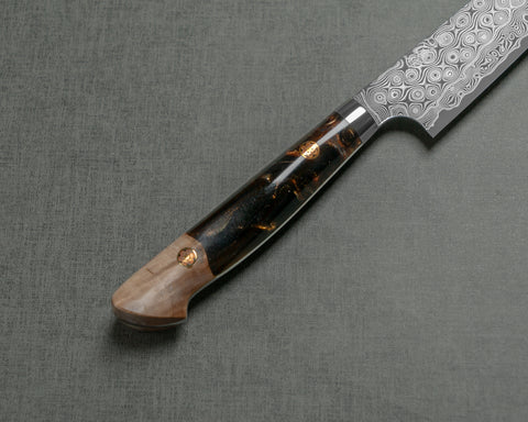 Nigara "Anmon" R2/SG2 49 Layers Kurosome Damascus 135mm Kiritsuke Petty with Stabilized Wood / Polished Tigereye Acrylic Handle