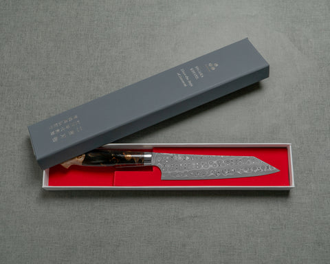 Nigara "Anmon" R2/SG2 49 Layers Kurosome Damascus 135mm Kiritsuke Petty with Stabilized Wood / Polished Tigereye Acrylic Handle