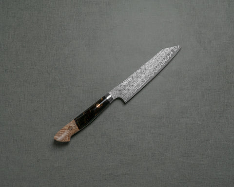 Nigara "Anmon" R2/SG2 49 Layers Kurosome Damascus 135mm Kiritsuke Petty with Stabilized Wood / Polished Tigereye Acrylic Handle