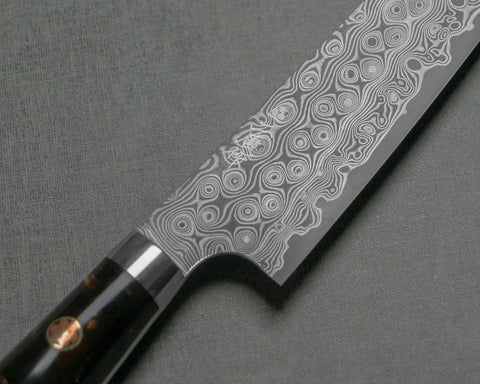 Nigara "Anmon" R2/SG2 49 Layers Kurosome Damascus 135mm Kiritsuke Petty with Stabilized Wood / Polished Tigereye Acrylic Handle