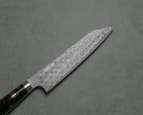 Nigara "Anmon" R2/SG2 49 Layers Kurosome Damascus 135mm Kiritsuke Petty with Stabilized Wood / Polished Tigereye Acrylic Handle