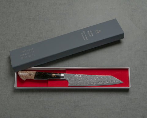Nigara "Anmon" R2/SG2 49 Layers Kurosome Damascus 135mm Kiritsuke Petty with Stabilized Wood / Polished Tigereye Acrylic Handle