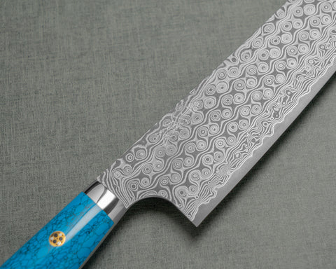 Nigara "Anmon" R2/SG2 49 Layers Kurosome Damascus Kiritsuke Gyuto with Blue Turquoise Handle