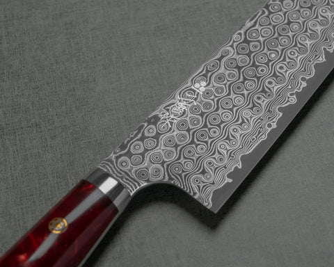 Nigara "Anmon" R2/SG2 49 Layers Kurosome Damascus 240mm Kiritsuke Gyuto with Stabilized Wood / Polished Ruby Acrylic Handle