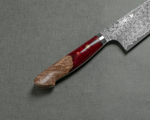 Nigara "Anmon" R2/SG2 49 Layers Kurosome Damascus 240mm Kiritsuke Gyuto with Stabilized Wood / Polished Ruby Acrylic Handle