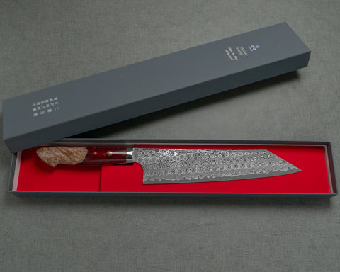 Nigara "Anmon" R2/SG2 49 Layers Kurosome Damascus 240mm Kiritsuke Gyuto with Stabilized Wood / Polished Ruby Acrylic Handle