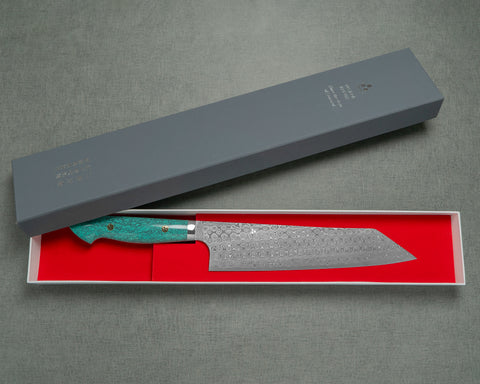 Nigara "Anmon" R2/SG2 49 Layers Kurosome Damascus 240mm Kiritsuke Gyuto with Green Turquoise Handle