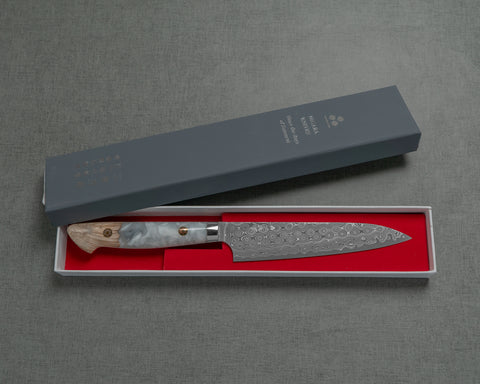 Nigara "Anmon" R2/SG2 49 Layers Kurosome Damascus 135mm Petty with Stabilized Wood / Polished Snow White Acrylic Handle