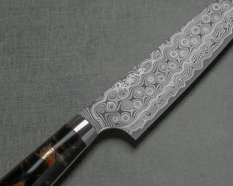 Nigara "Anmon" R2/SG2 49 Layers Kurosome Damascus 135mm Petty with Stabilized Wood / Polished Tigereye Acrylic Handle