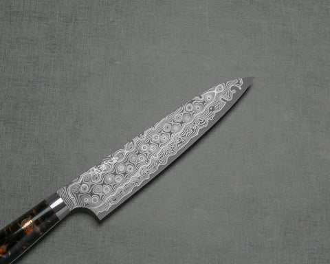 Nigara "Anmon" R2/SG2 49 Layers Kurosome Damascus 135mm Petty with Stabilized Wood / Polished Tigereye Acrylic Handle