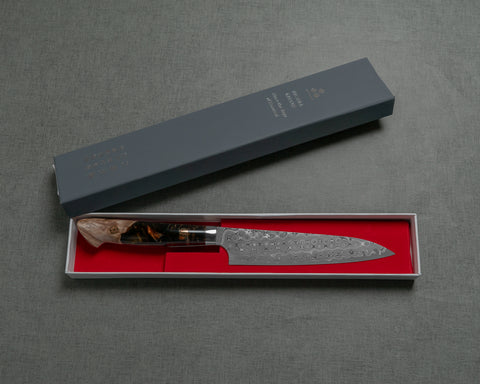 Nigara "Anmon" R2/SG2 49 Layers Kurosome Damascus 135mm Petty with Stabilized Wood / Polished Tigereye Acrylic Handle