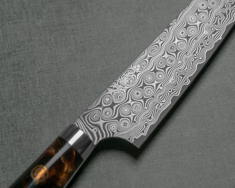 Nigara "Anmon" R2/SG2 49 Layers Kurosome Damascus 135mm Petty with Stabilized Wood / Polished Tigereye Acrylic Handle