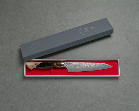 Nigara "Anmon" R2/SG2 49 Layers Kurosome Damascus 135mm Petty with Stabilized Wood / Polished Tigereye Acrylic Handle