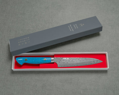 Nigara "Anmon" R2/SG2 49 Layers Kurosome Damascus 135mm Petty with Blue Turquoise Handle