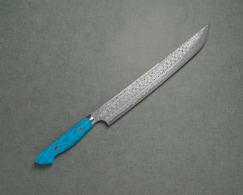 Nigara "Anmon" R2/SG2 49 Layers Kurosome Damascus 270mm Sakimaru Sujihiki with Blue Turquoise Handle