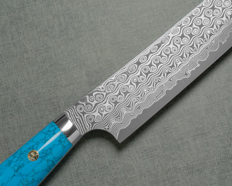 Nigara "Anmon" R2/SG2 49 Layers Kurosome Damascus 270mm Sakimaru Sujihiki with Blue Turquoise Handle