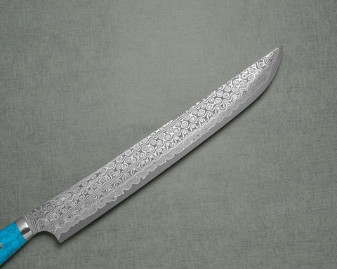 Nigara "Anmon" R2/SG2 49 Layers Kurosome Damascus 270mm Sakimaru Sujihiki with Blue Turquoise Handle