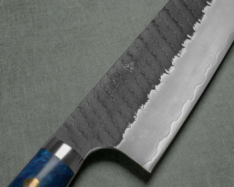 Nigara R2/SG2 Tsuchime Kurouchi 165mm Santoku with Polished Acrylic Blue Devil Handle