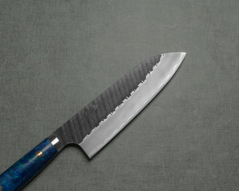 Nigara R2/SG2 Tsuchime Kurouchi 165mm Santoku with Polished Acrylic Blue Devil Handle