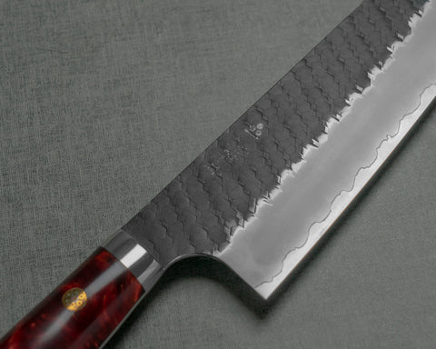 Nigara R2/SG2 Tsuchime Kurouchi 165mm Santoku with Stabilized Wood / Polished Ruby Acrylic Handle