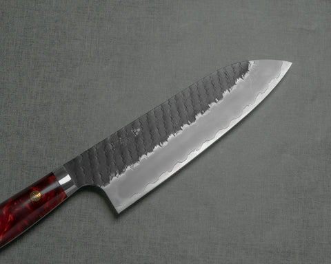 Nigara R2/SG2 Tsuchime Kurouchi 165mm Santoku with Stabilized Wood / Polished Ruby Acrylic Handle