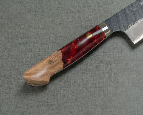 Nigara R2/SG2 Tsuchime Kurouchi 165mm Santoku with Stabilized Wood / Polished Ruby Acrylic Handle