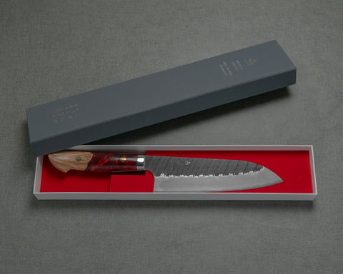 Nigara R2/SG2 Tsuchime Kurouchi 165mm Santoku with Stabilized Wood / Polished Ruby Acrylic Handle