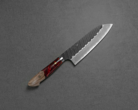 Nigara R2/SG2 Tsuchime Kurouchi 165mm Santoku with Stabilized Wood / Polished Ruby Acrylic Handle