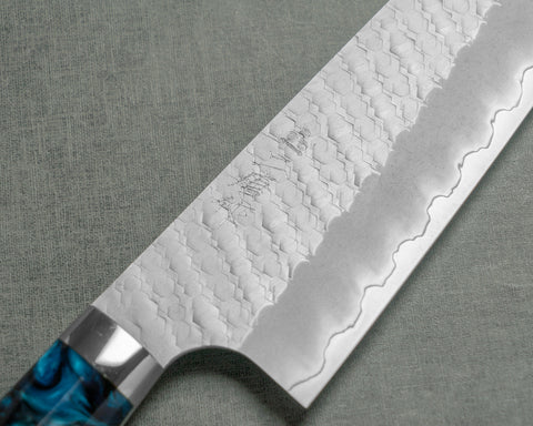 Nigara R2/SG2 Matt Migaki Tsuchime 210mm Gyuto with Polished Azure Sea Acrylic Handle