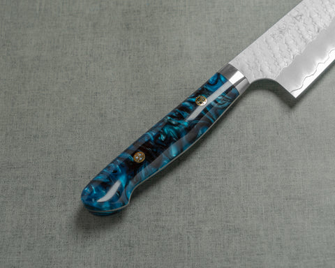 Nigara R2/SG2 Matt Migaki Tsuchime 210mm Gyuto with Polished Azure Sea Acrylic Handle
