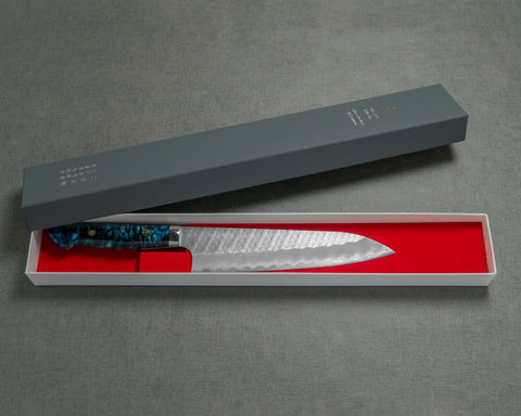 Nigara R2/SG2 Matt Migaki Tsuchime 210mm Gyuto with Polished Azure Sea Acrylic Handle
