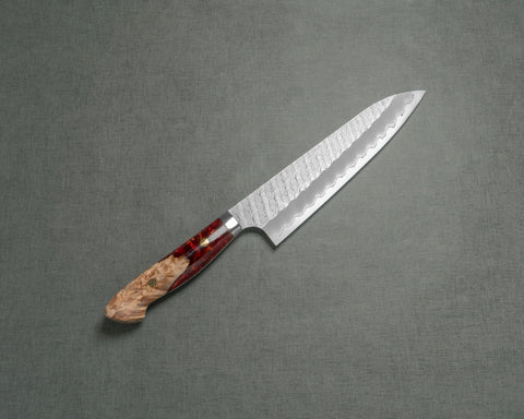 Nigara R2/SG2 Matt Migaki Tsuchime 210mm Gyuto with Stabilized Wood / Polished Ruby Acrylic Handle