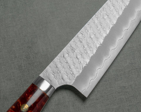 Nigara R2/SG2 Matt Migaki Tsuchime 210mm Gyuto with Stabilized Wood / Polished Ruby Acrylic Handle