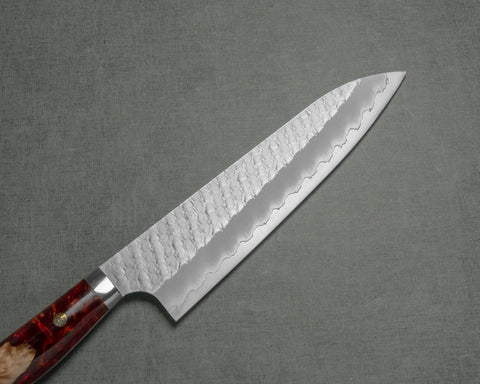 Nigara R2/SG2 Matt Migaki Tsuchime 210mm Gyuto with Stabilized Wood / Polished Ruby Acrylic Handle