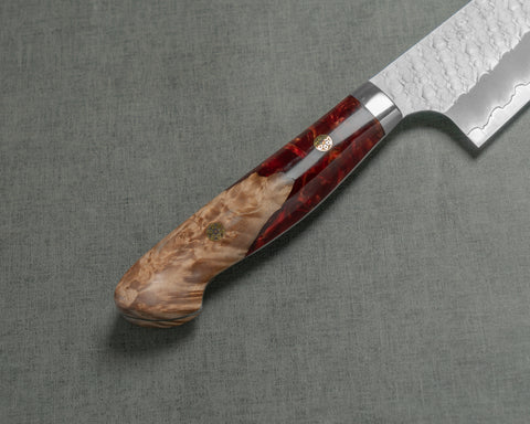 Nigara R2/SG2 Matt Migaki Tsuchime 210mm Gyuto with Stabilized Wood / Polished Ruby Acrylic Handle