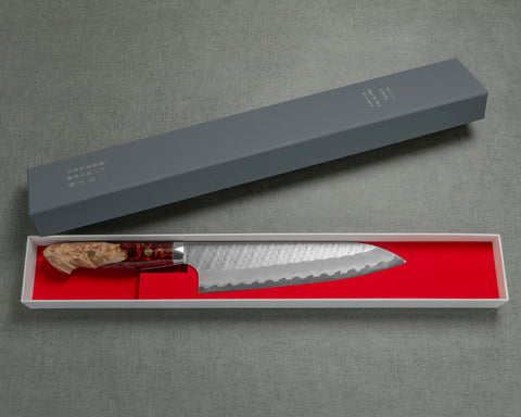 Nigara R2/SG2 Matt Migaki Tsuchime 210mm Gyuto with Stabilized Wood / Polished Ruby Acrylic Handle