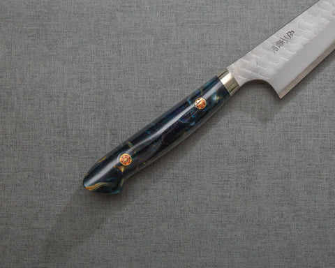Nigara R2/SG2 Matt Migaki Tsuchime 135mm Honesuki with Polished Twilight Blue Acrylic Handle