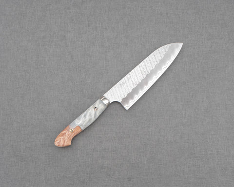 Nigara R2/SG2 Matt Migaki Tsuchime 165mm Santoku with Stabilized Wood / Polished Snow White Acrylic Handle