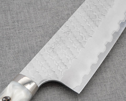 Nigara R2/SG2 Matt Migaki Tsuchime 165mm Santoku with Stabilized Wood / Polished Snow White Acrylic Handle