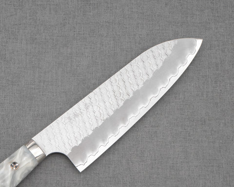 Nigara R2/SG2 Matt Migaki Tsuchime 165mm Santoku with Stabilized Wood / Polished Snow White Acrylic Handle