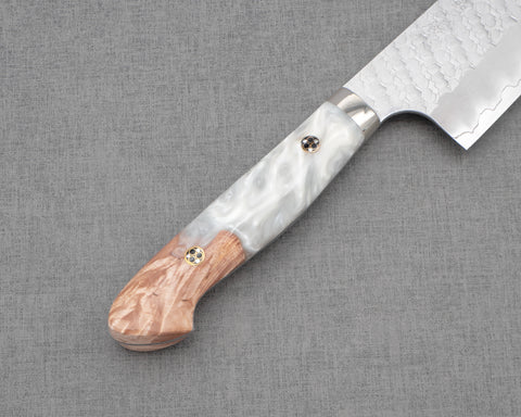 Nigara R2/SG2 Matt Migaki Tsuchime 165mm Santoku with Stabilized Wood / Polished Snow White Acrylic Handle
