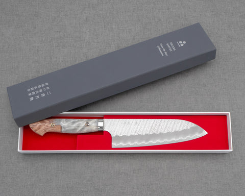 Nigara R2/SG2 Matt Migaki Tsuchime 165mm Santoku with Stabilized Wood / Polished Snow White Acrylic Handle