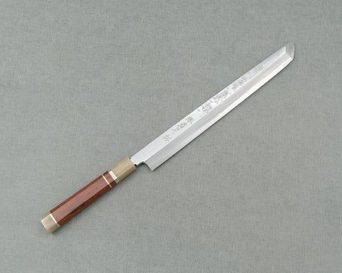 Sakai Takayuki / Kenji Togashi / Shirogami #1 Katsuo Iura Engraved Sakura Mirror 300mm Sakimaru Takohiki with Bubinga Triple-Ginmaki Handle