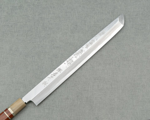 Sakai Takayuki / Kenji Togashi / Shirogami #1 Katsuo Iura Engraved Sakura Mirror 300mm Sakimaru Takohiki with Bubinga Triple-Ginmaki Handle